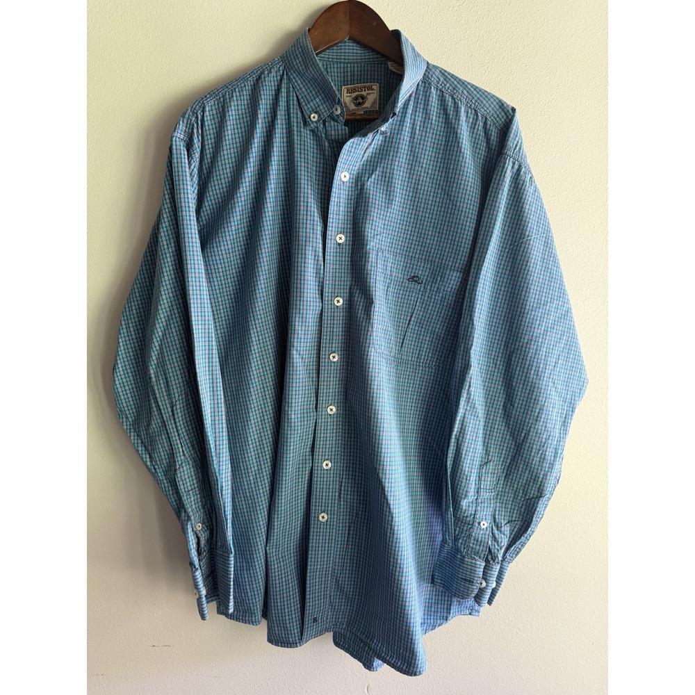 Resistol Mens Large Blue Plaid Cotton Long Sleeve Button Down Western Shirt L
